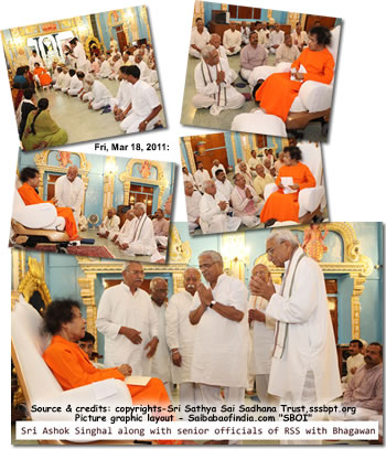 A group of veteran leaders belonging to the RSS (Rashtriya Swayam Sevak Sangh) led by veteran VHP leader Ashok Singhal welcomed Bhagawan as He alighted from His car.