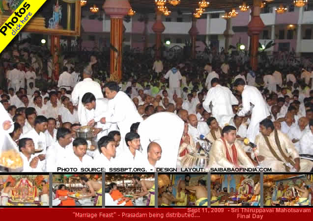  Sumptuous prasadam of bobattu (sweet puri), laddu, tamarind rice and sweet pongal, in tune with the grandeur of the occasion, was distributed to the huge gathering of devotees and students. 